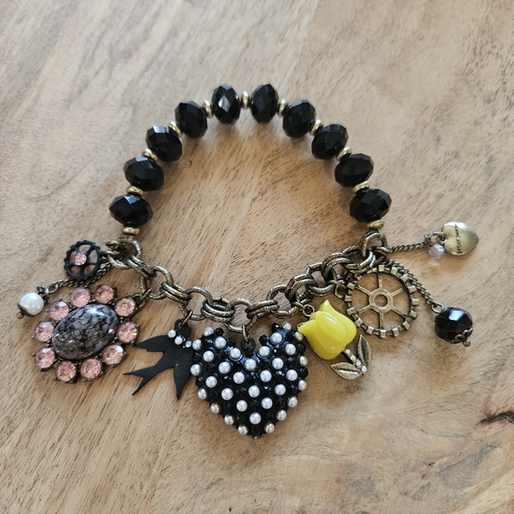 Betsey Johnson Jewelry - Betsey Johnson Black Bead Charm Bracelet with Pink and Yellow Accents